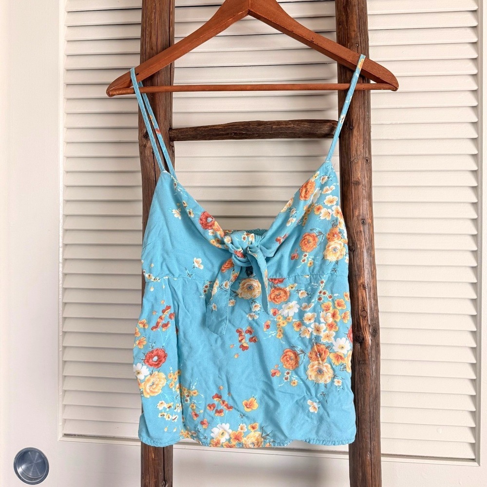 ONeill Blue Floral Smocked Tie Front Tank Top‎ Women's Size S